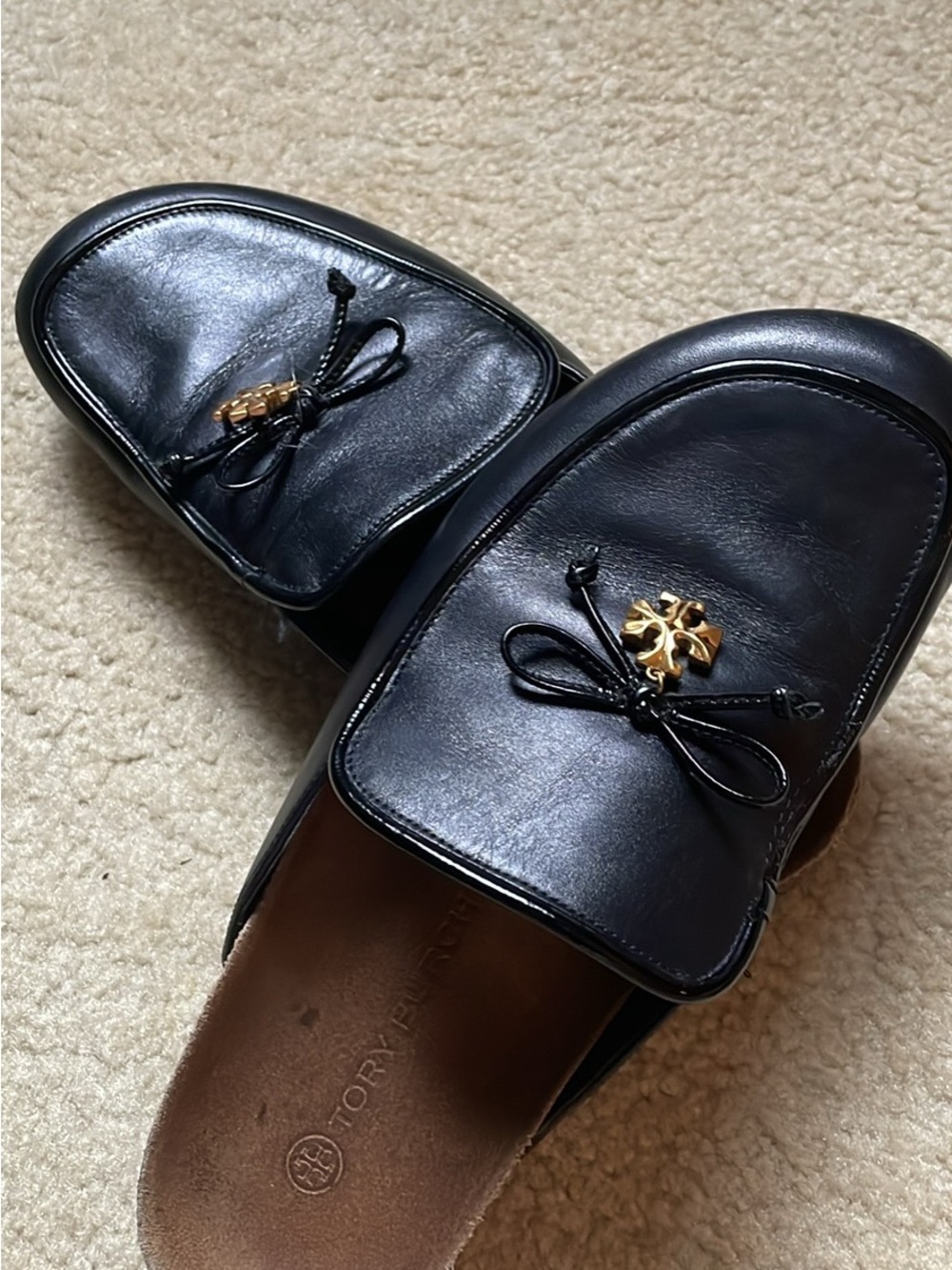 Tory Burch Black Leather Bow Slip-On Loafers with Gold Logo